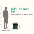 GoHooked grey 12-inch square polymer Tulsi pot with Om and Swastik design, perfect for home temple or balcony decor.