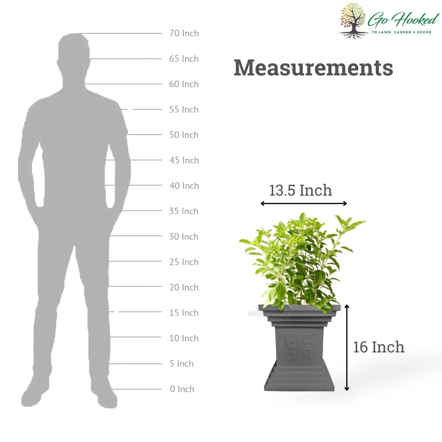 Go Hooked 16 inch grey traditional decorative planter with Swastik symbol, perfect for home and garden decor.