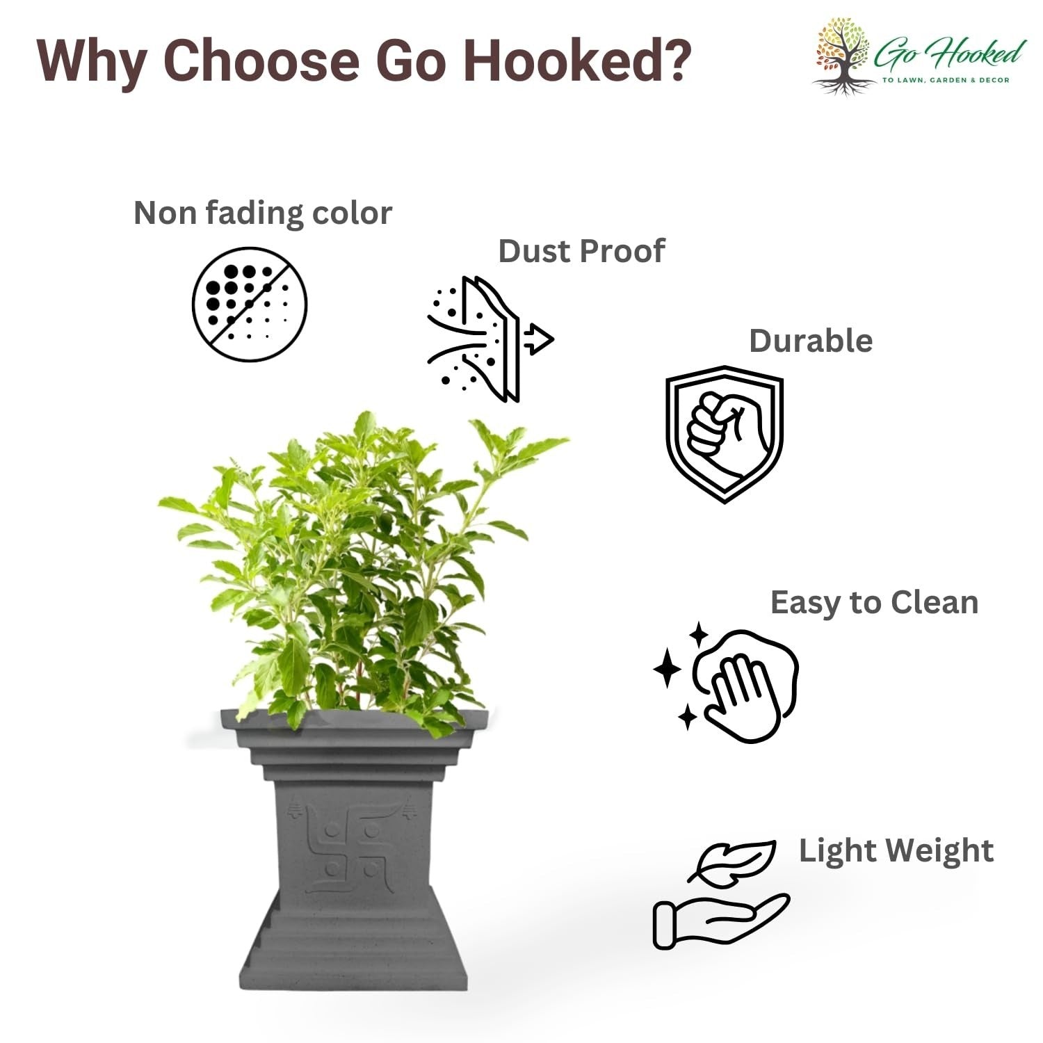GoHooked 16 inch grey traditional decorative Tulsi pot with Swastik symbol, durable and weather-resistant for home, pooja, balcony, garden.
