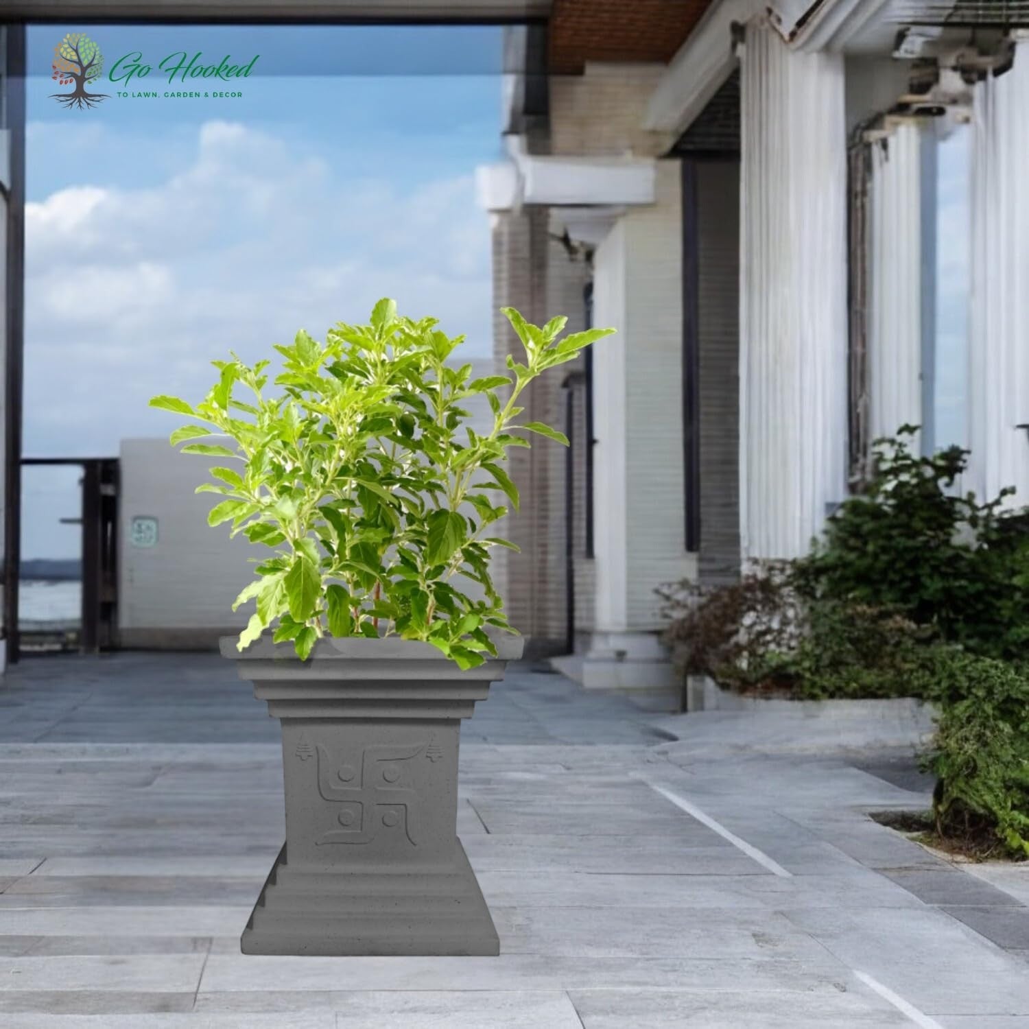 Go Hooked 16 inch grey traditional decorative planter with Swastik symbol, perfect for home and pooja decor.