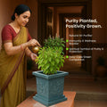 GoHooked grey square polymer Tulsi pot with Om and Swastik design, featuring a drainage hole.