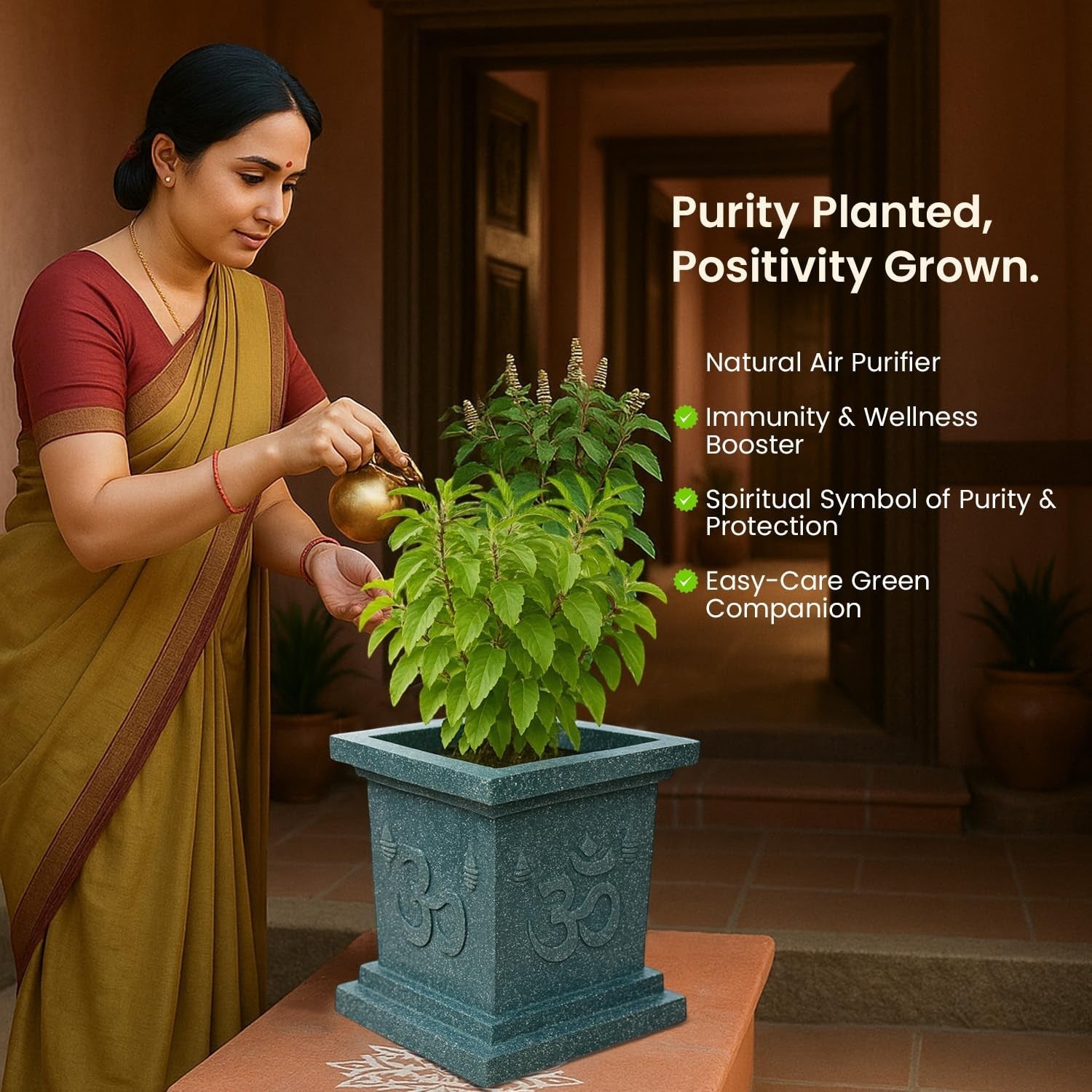 GoHooked grey square polymer Tulsi pot with Om and Swastik design, featuring a drainage hole.