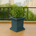 GoHooked grey square polymer Tulsi pot with Om and Swastik design, 12 inch, for home temple or balcony decor.