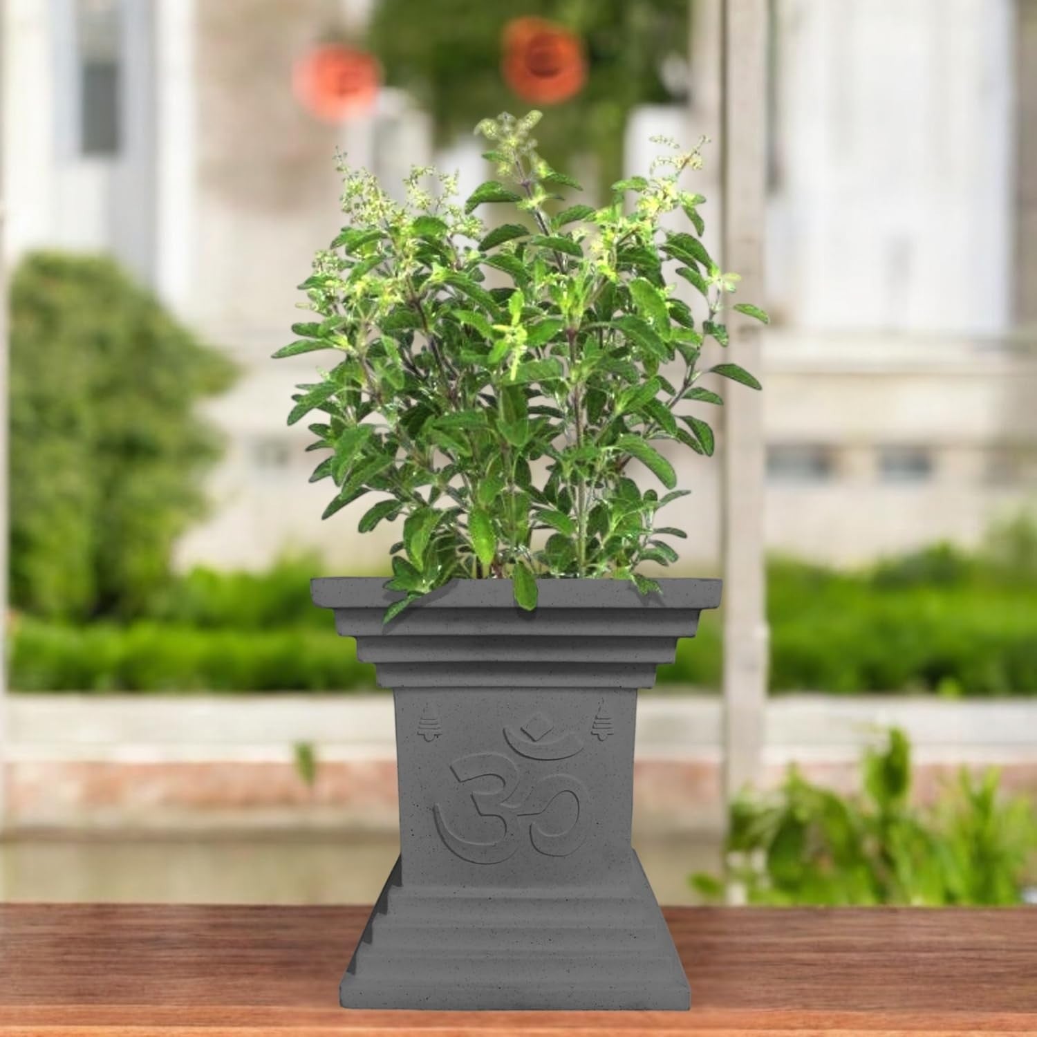 Go Hooked 16 inch grey decorative Tulsi pot with Om symbol, perfect for home, pooja, balcony, and garden decor.