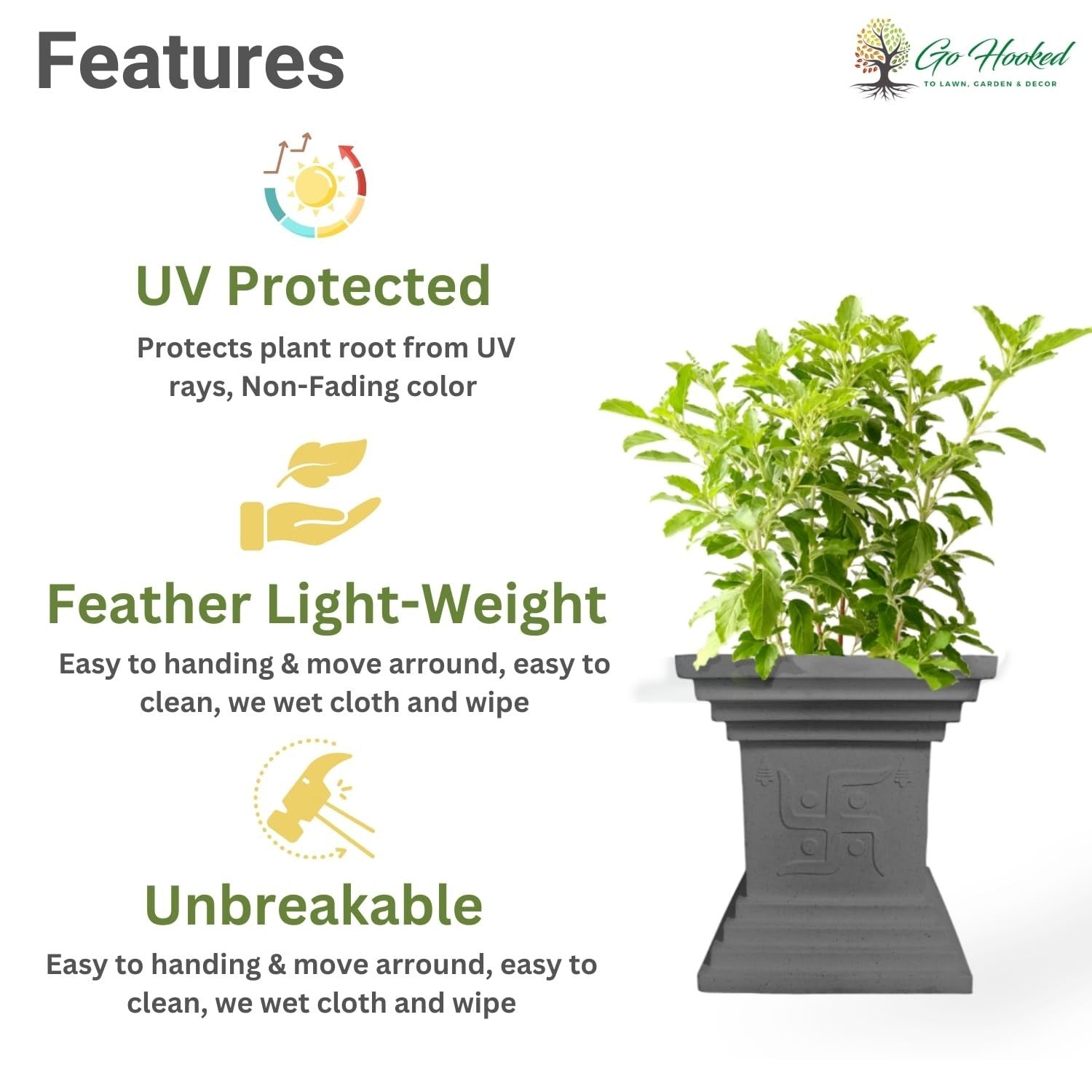 Go Hooked 16 inch grey traditional decorative Tulsi pot planter with Swastik symbol, UV protected and weather-resistant.
