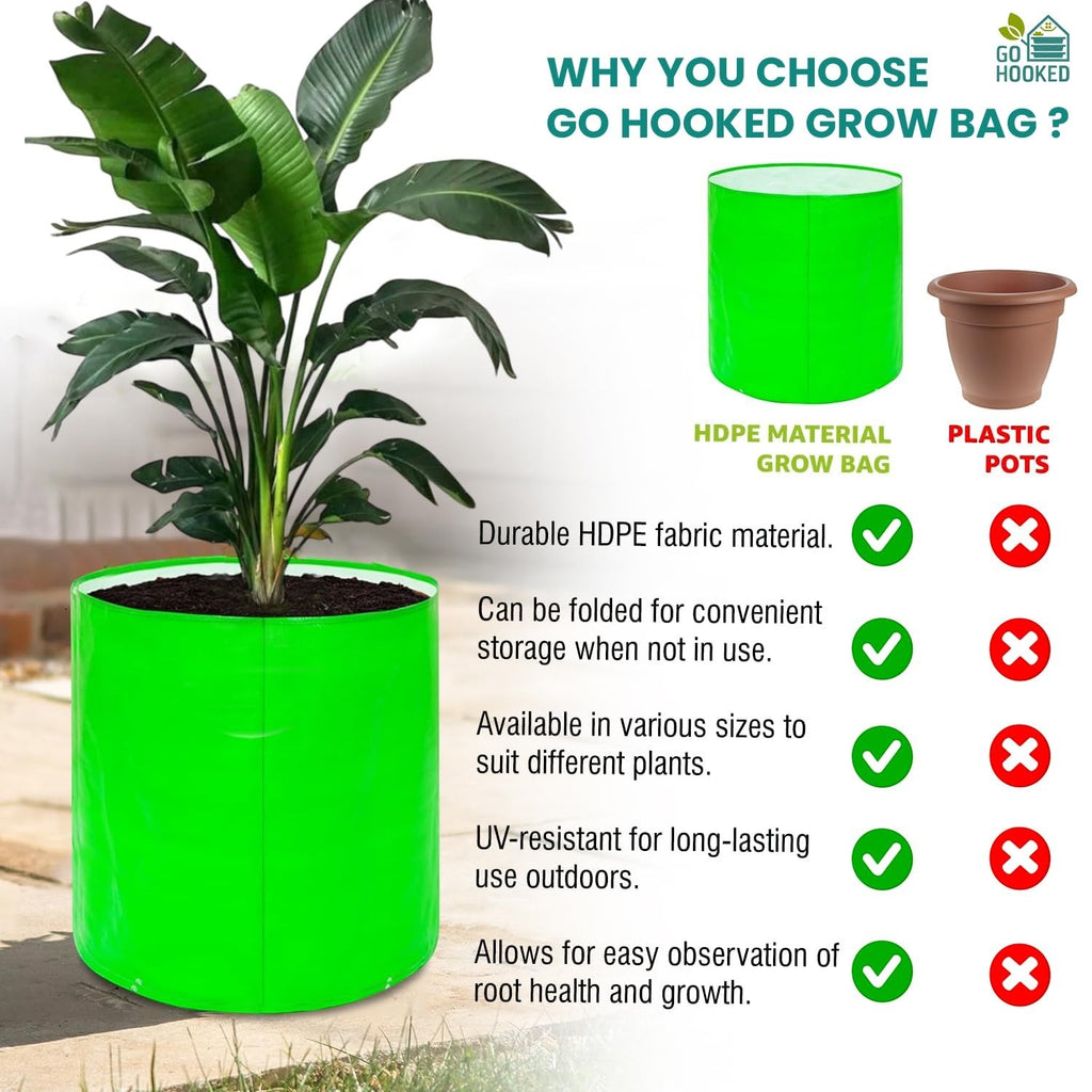GoHooked bright green HDPE fabric grow bag, 18-inch, for vegetables, herbs, and flowers. Reusable and durable.
