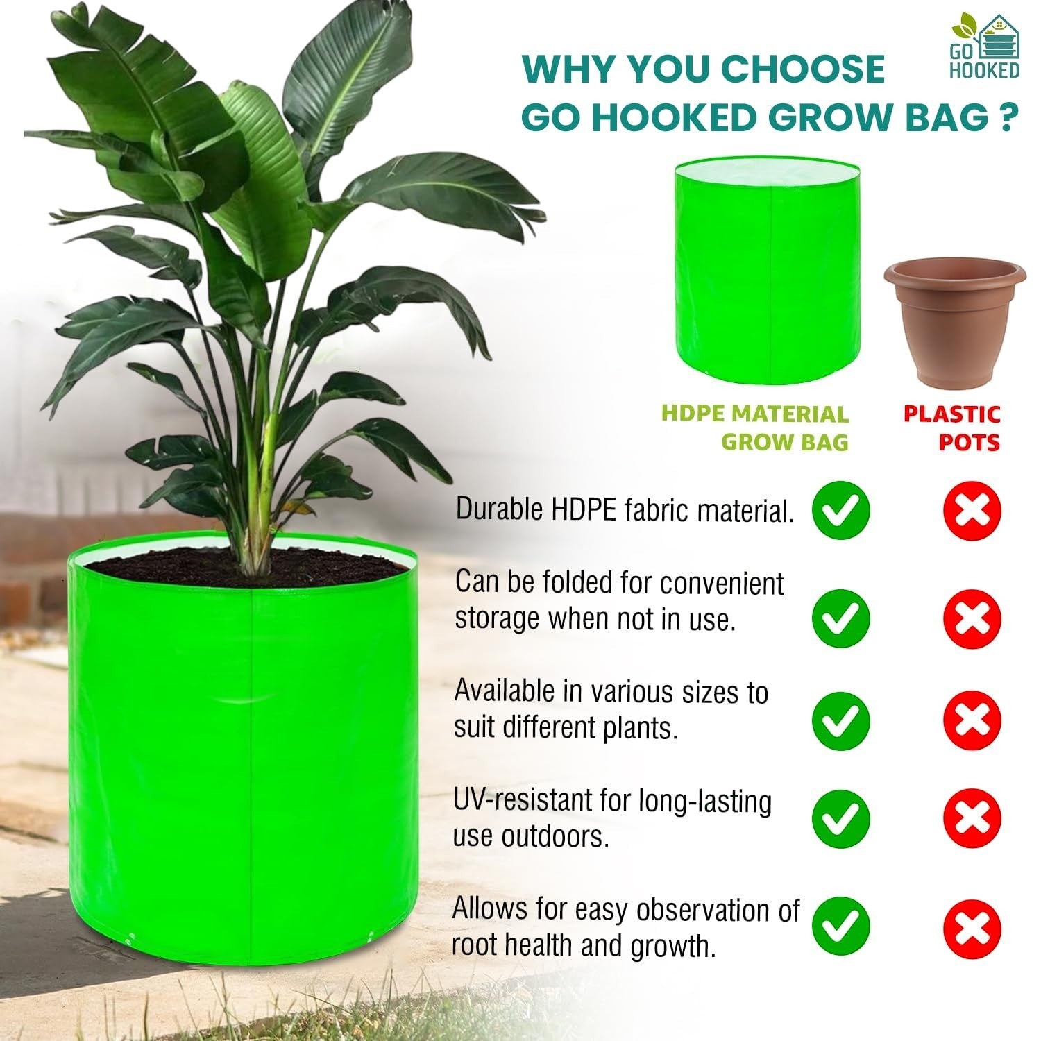 GoHooked bright green 15-inch HDPE fabric grow bag filled with soil and a plant, ideal for vegetables and herbs.