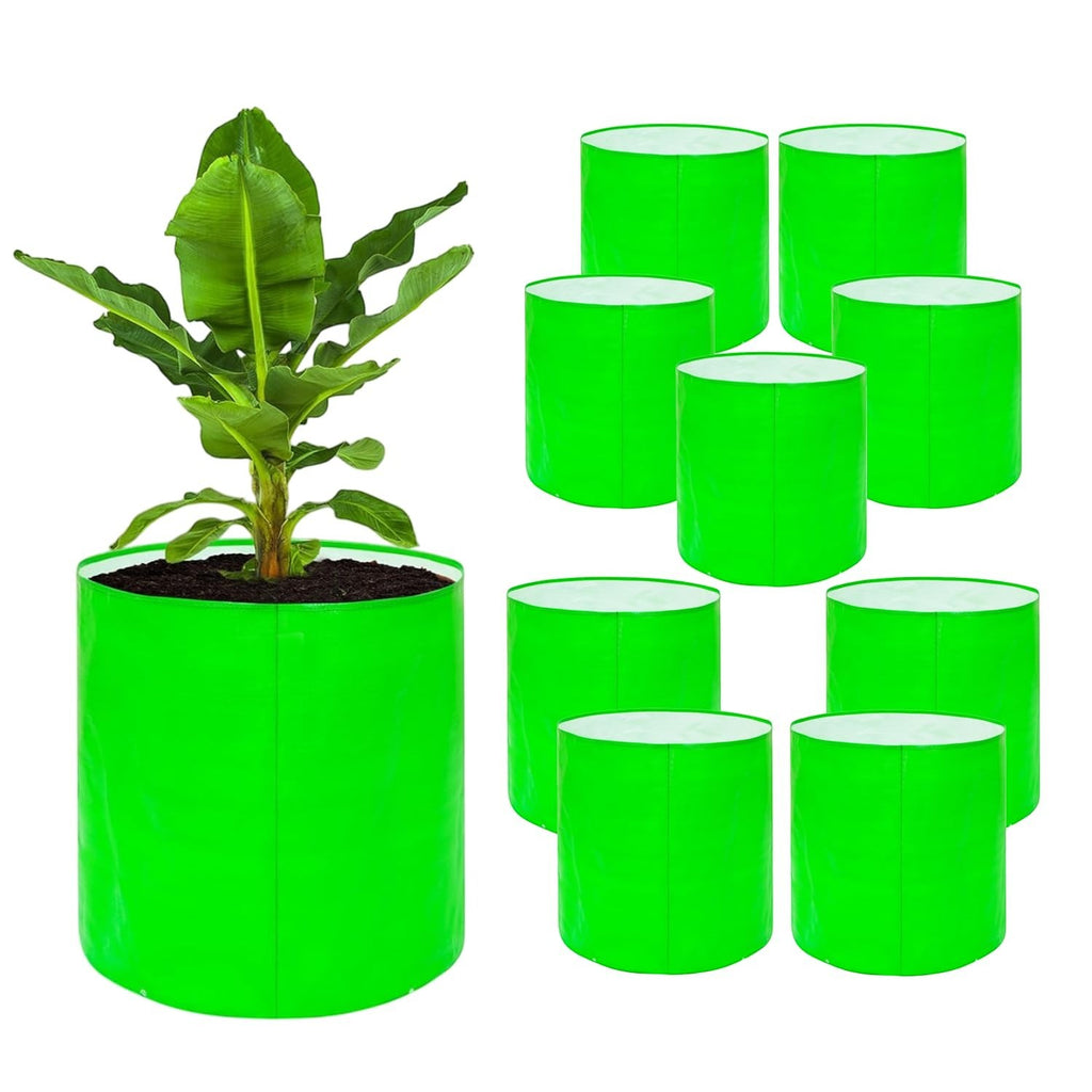 GoHooked set of 10 green 9-inch heavy-duty reusable grow bags for gardening. Breathable fabric with drainage support.