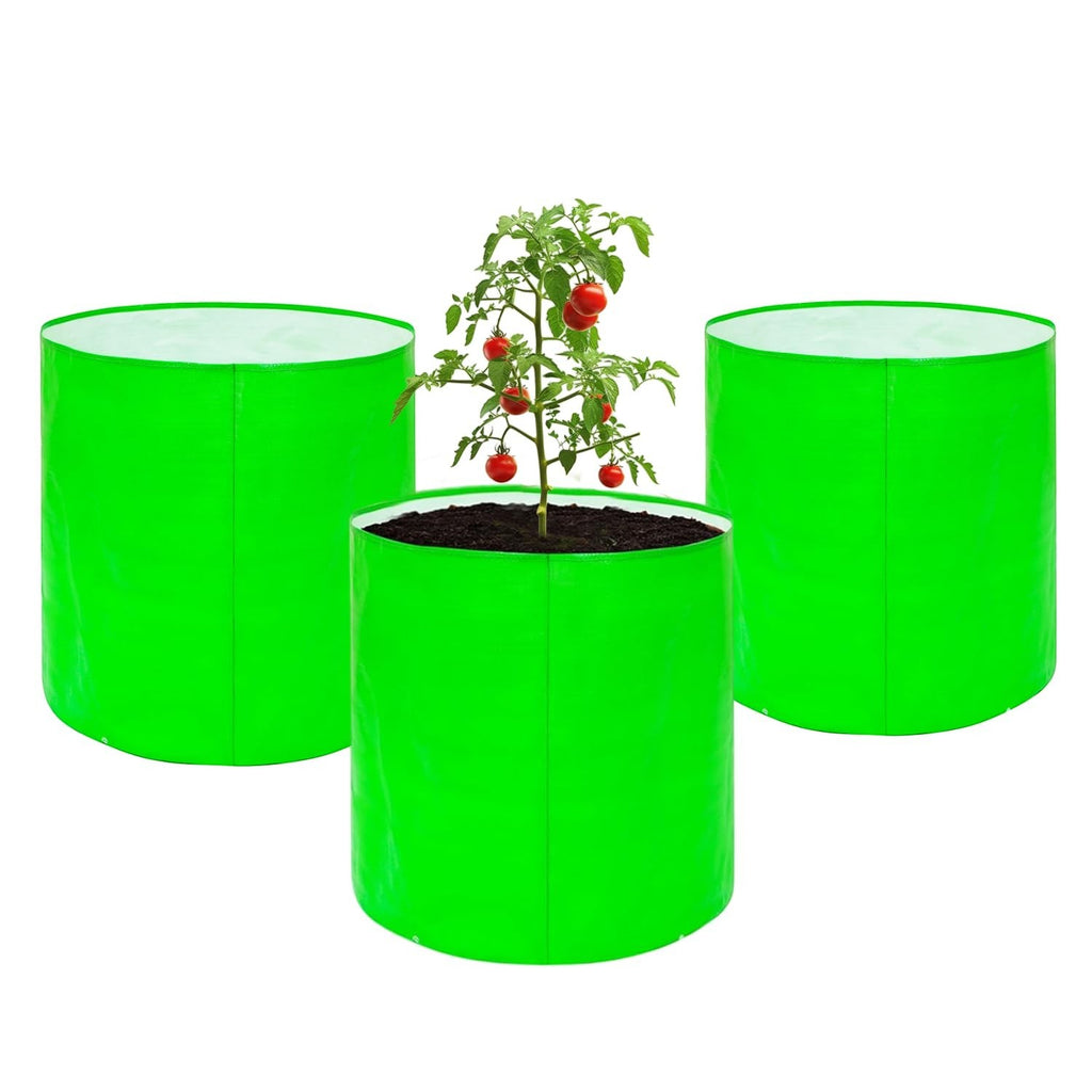 GoHooked set of 3 bright green 18-inch heavy-duty grow bags for gardening. One bag contains a tomato plant.
