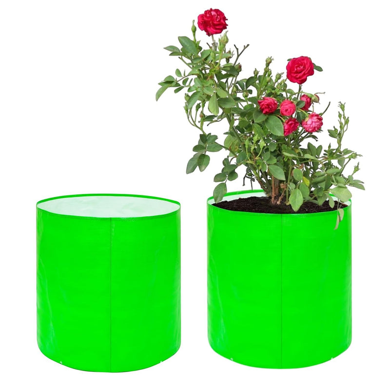 GoHooked bright green heavy duty reusable grow bags for plants, 18 inch, set of 2. One bag contains a rose plant.