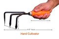 GoHooked hand cultivator with orange plastic handle and black powder-coated metal tines for rust protection.