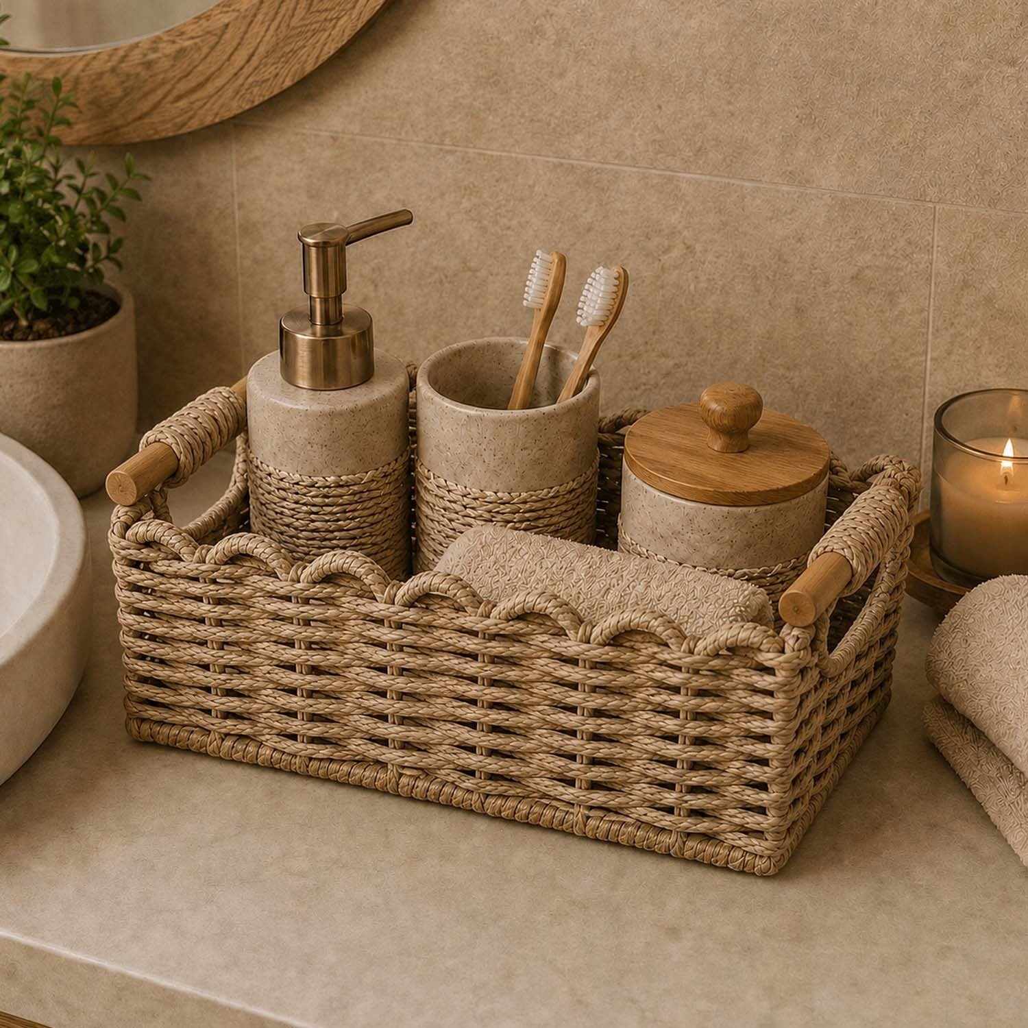 GoHooked handmade raffia storage basket with wooden handles holding bathroom accessories on a vanity countertop.