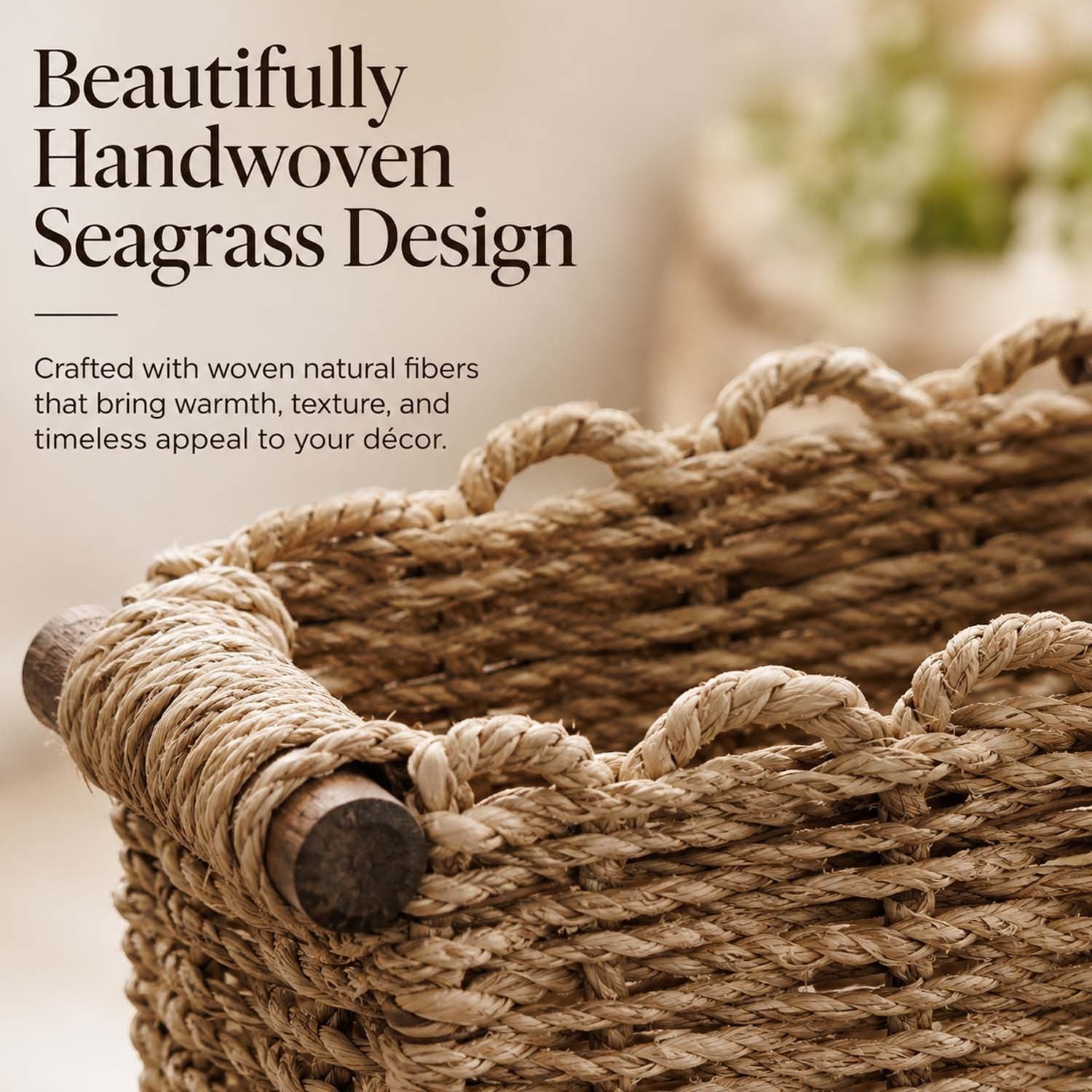 GoHooked handcrafted raffia storage basket with natural woven texture and sturdy wooden handles for home organization.