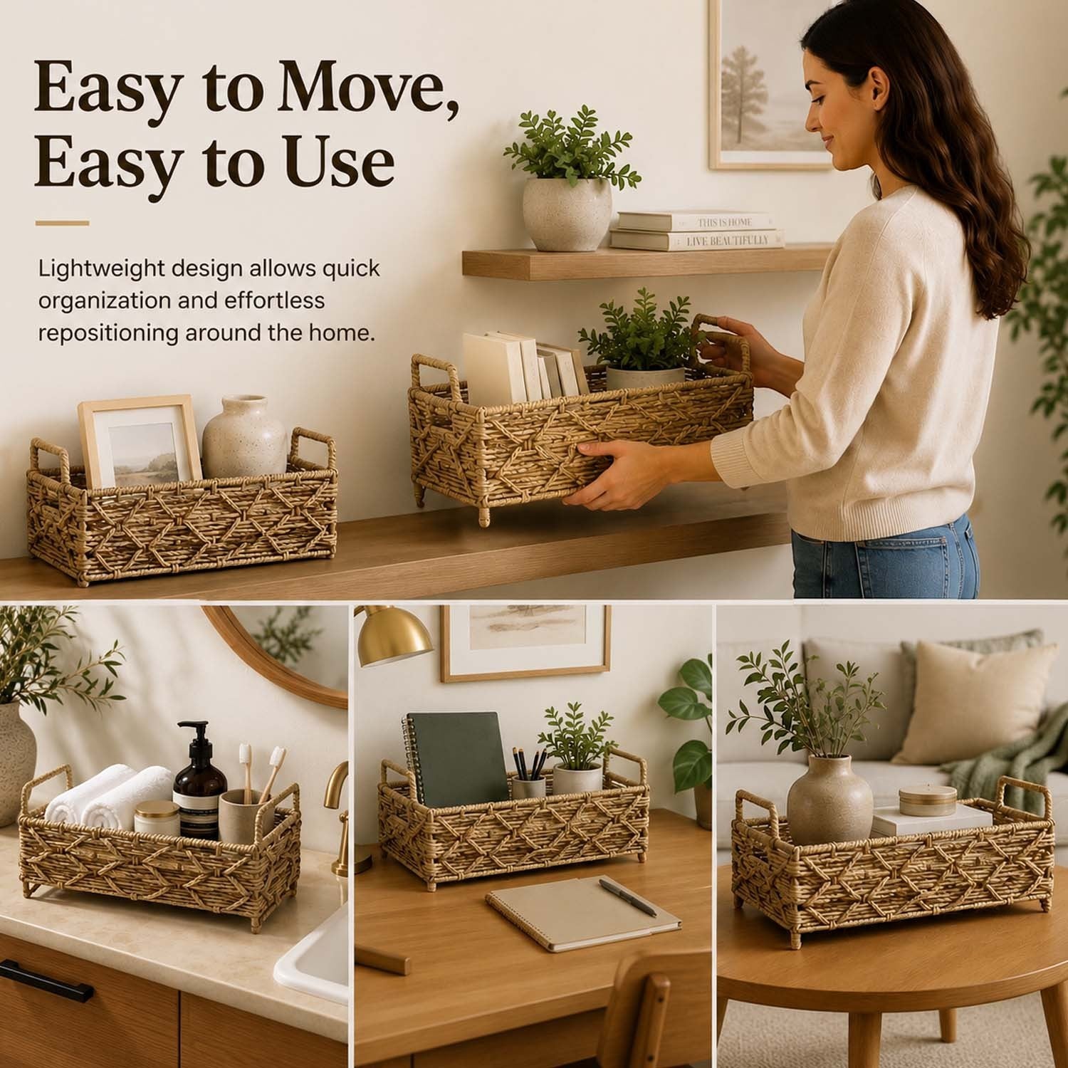 GoHooked handwoven raffia storage basket with handles and raised base, used for organizing home decor and toiletries.