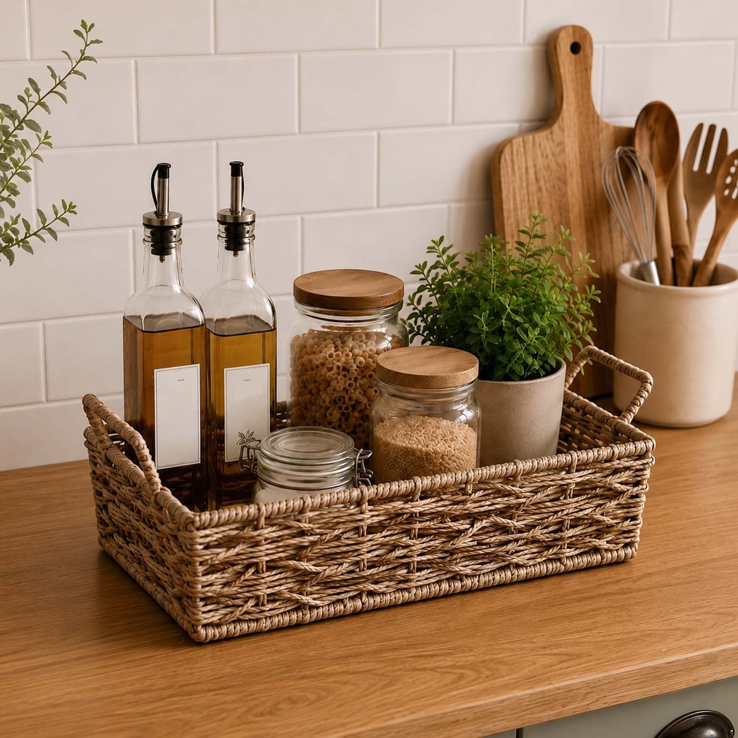 GoHooked handwoven rectangular raffia storage basket with handles holding kitchen jars and plants on a wooden counter