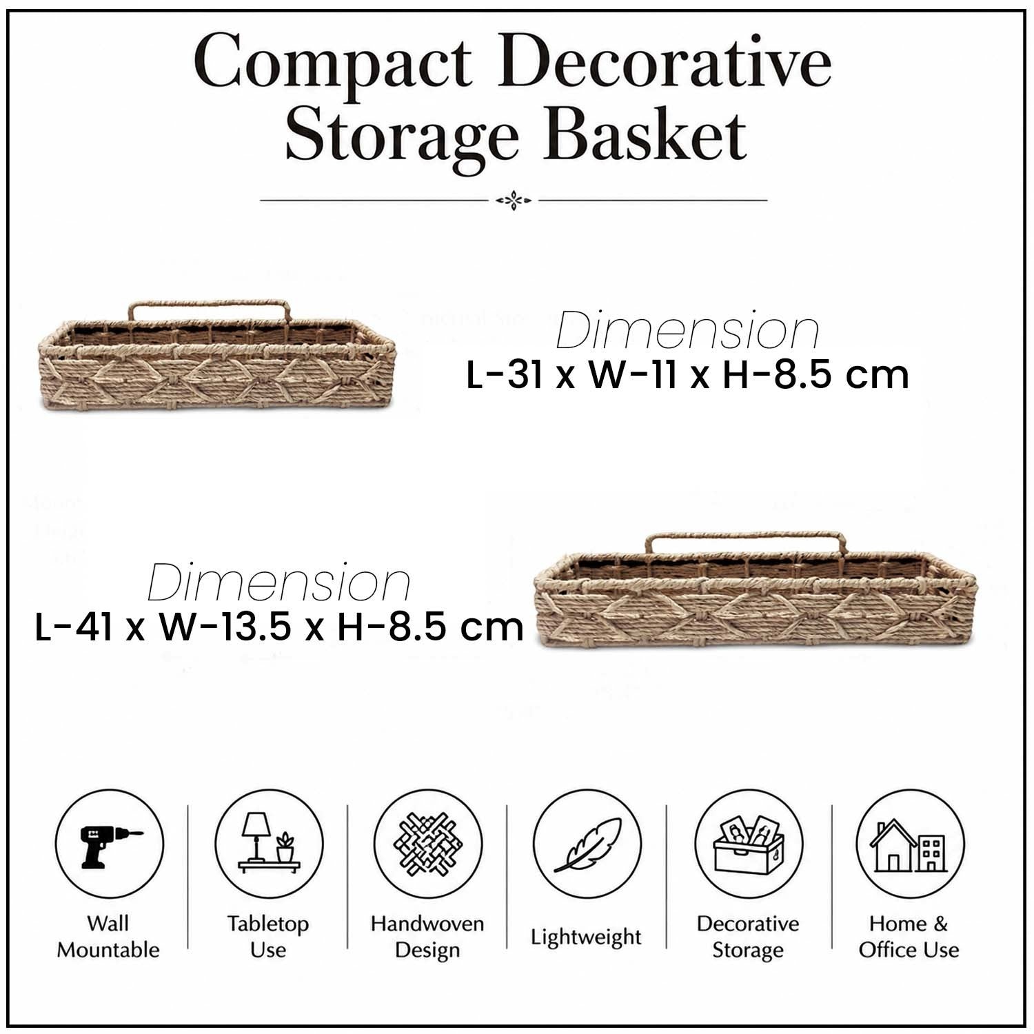 GoHooked handwoven water hyacinth raffia storage basket with a rectangular design for wall or tabletop organization.