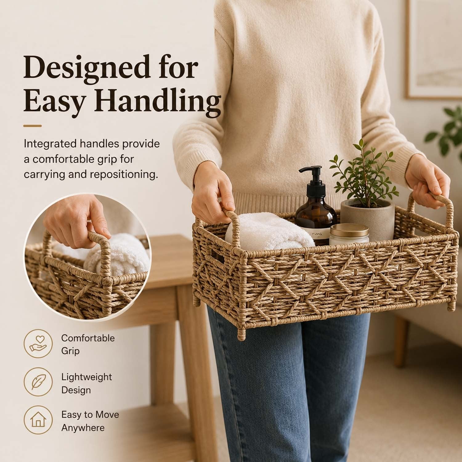 GoHooked handwoven raffia storage basket with handles held by a person, featuring a raised base and natural texture.