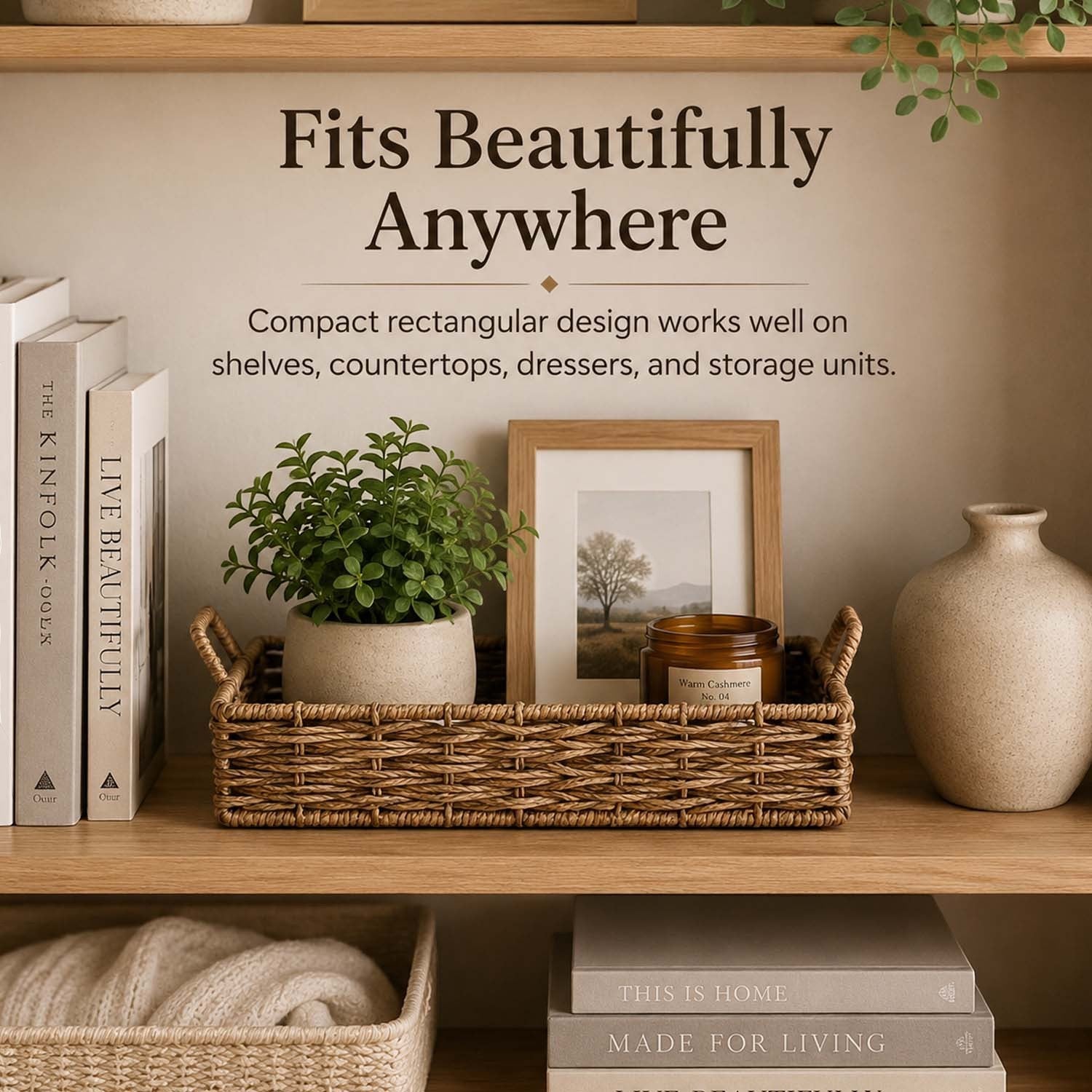 GoHooked handwoven rectangular raffia storage basket with side handles on a wooden shelf with home decor items.