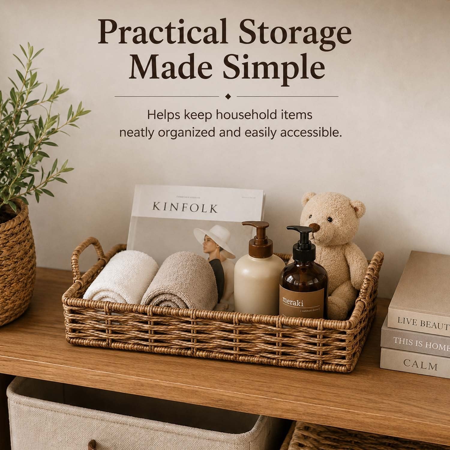 GoHooked handwoven rectangular raffia storage basket with handles holding towels, toiletries, and a teddy bear.
