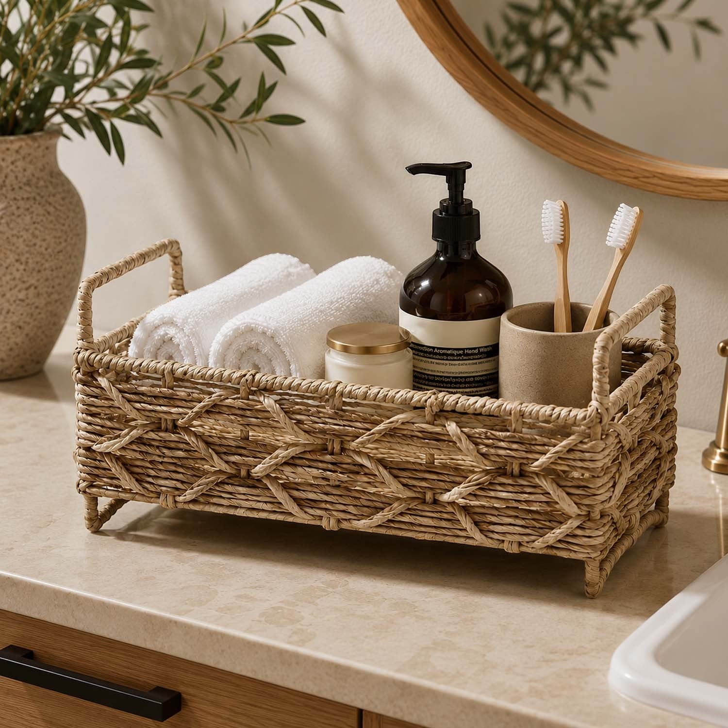 GoHooked handwoven raffia storage basket with handles and raised base, holding rolled towels and toiletries on a vanity.