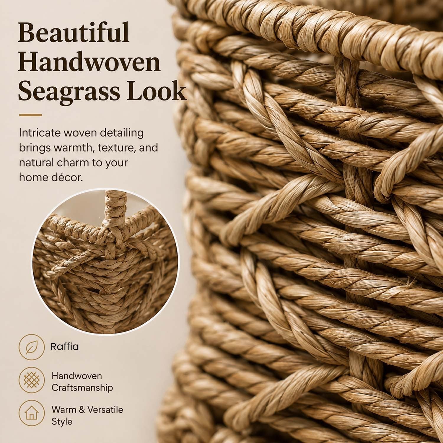 GoHooked handwoven raffia storage basket featuring intricate natural texture and durable woven craftsmanship