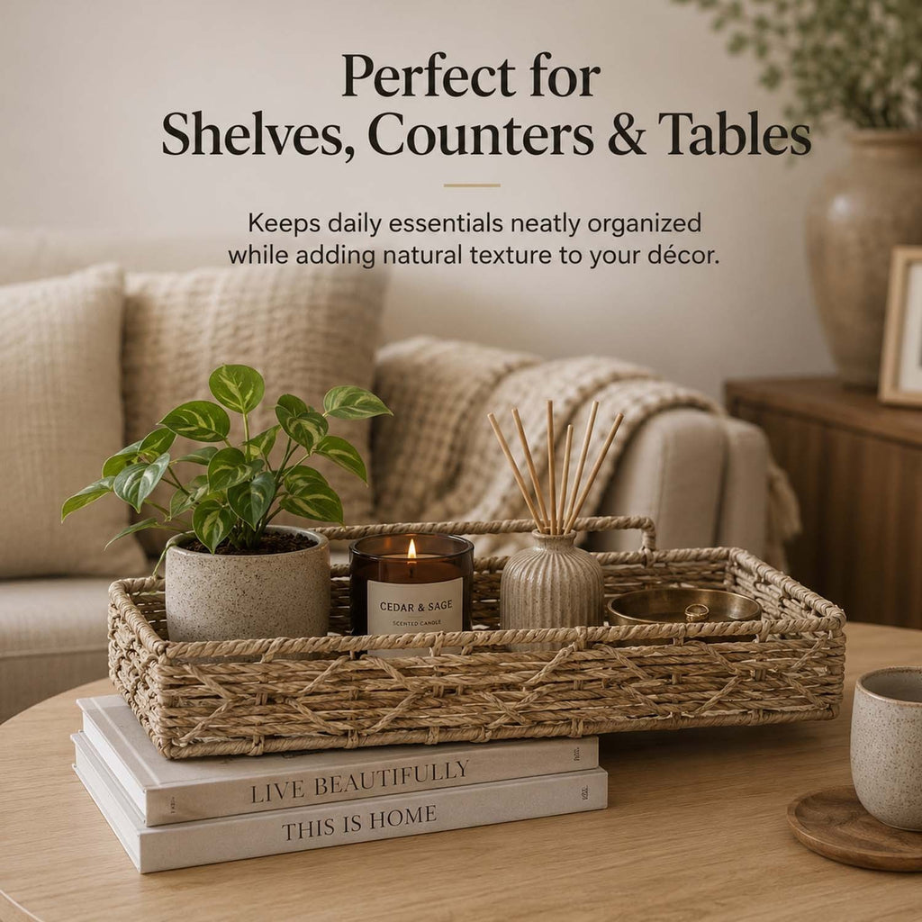 GoHooked handwoven water hyacinth raffia rectangular storage tray on a wooden table with home decor items