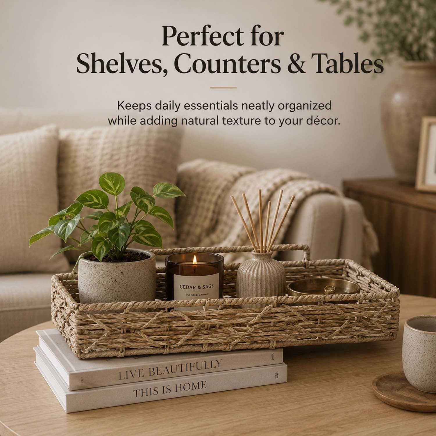 GoHooked handwoven water hyacinth raffia rectangular storage tray on a wooden table with home decor items