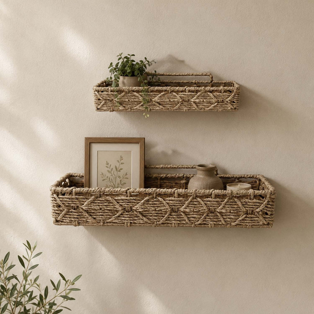 GoHooked handwoven water hyacinth wall mount storage baskets with a decorative rope pattern on a beige wall.