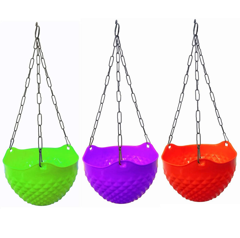 GoHooked set of 3 assorted color plastic hanging crystal planters with diamond pattern and metal chains.