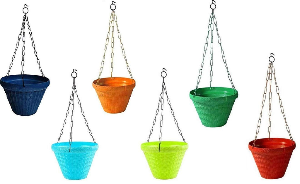 Go Hooked Juhi set of 6 multicolor plastic hanging plant pots, 9 inch size, modern style, woven texture.