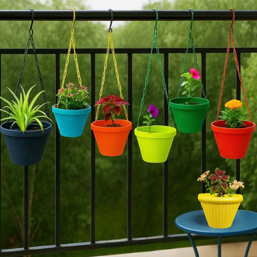 Go Hooked Juhi set of 6 multicolor plastic hanging plant pots, 9 inch, modern style, for indoor/outdoor use.