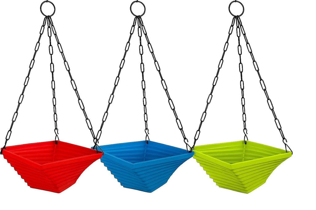 Go Hooked Juhi Set of 4 multicolor plastic hanging plant pots, 9 inch height, modern square design with chains.