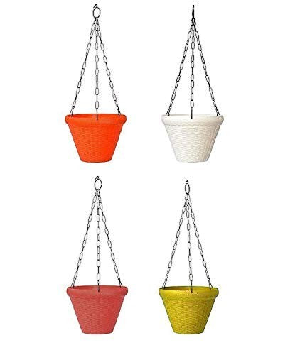 GoHooked set of 4 plastic hanging planter baskets with chains in orange, white, red, and yellow. Woven texture design.