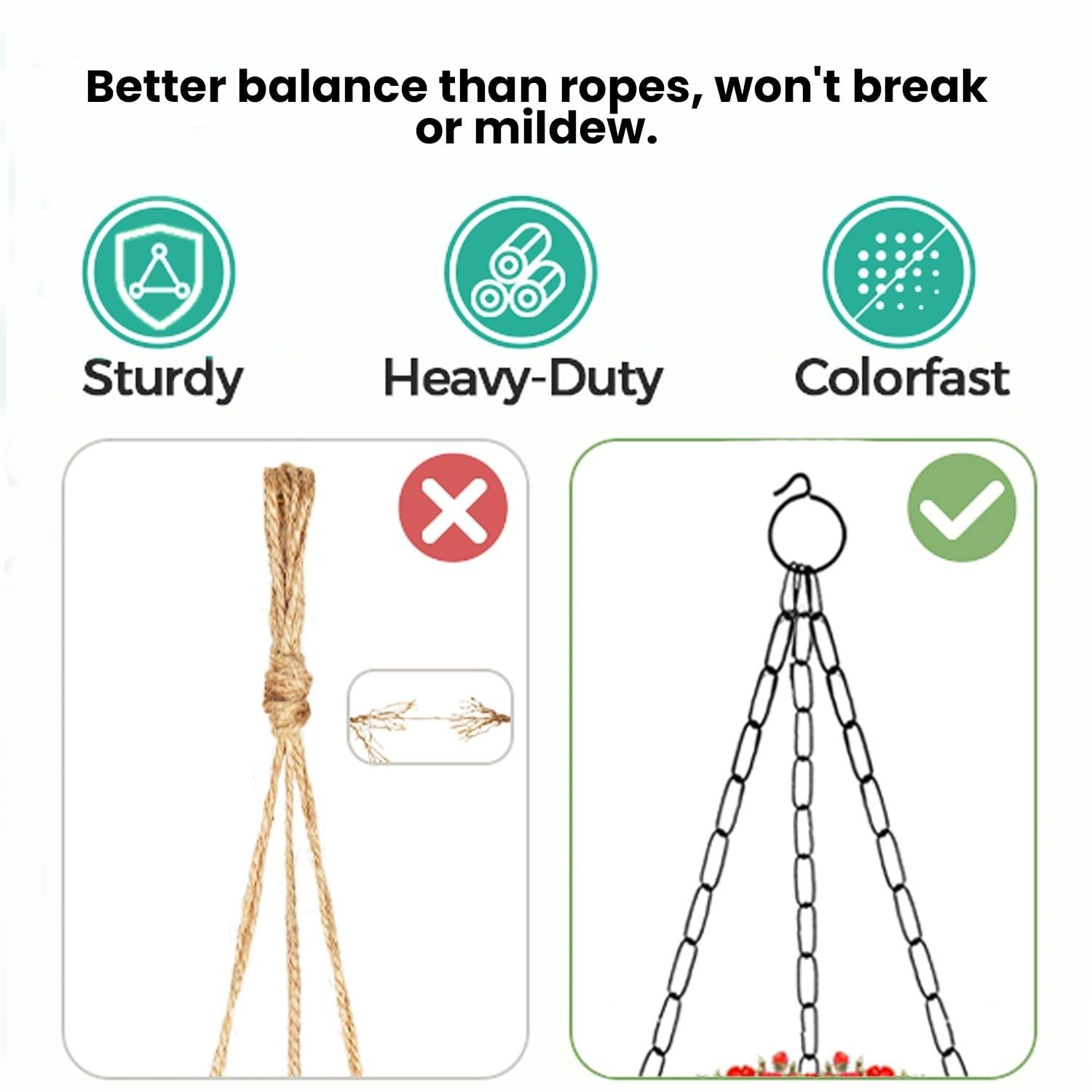 GoHooked hanging planter chain vs rope comparison. Shows sturdy, heavy-duty, colorfast features.