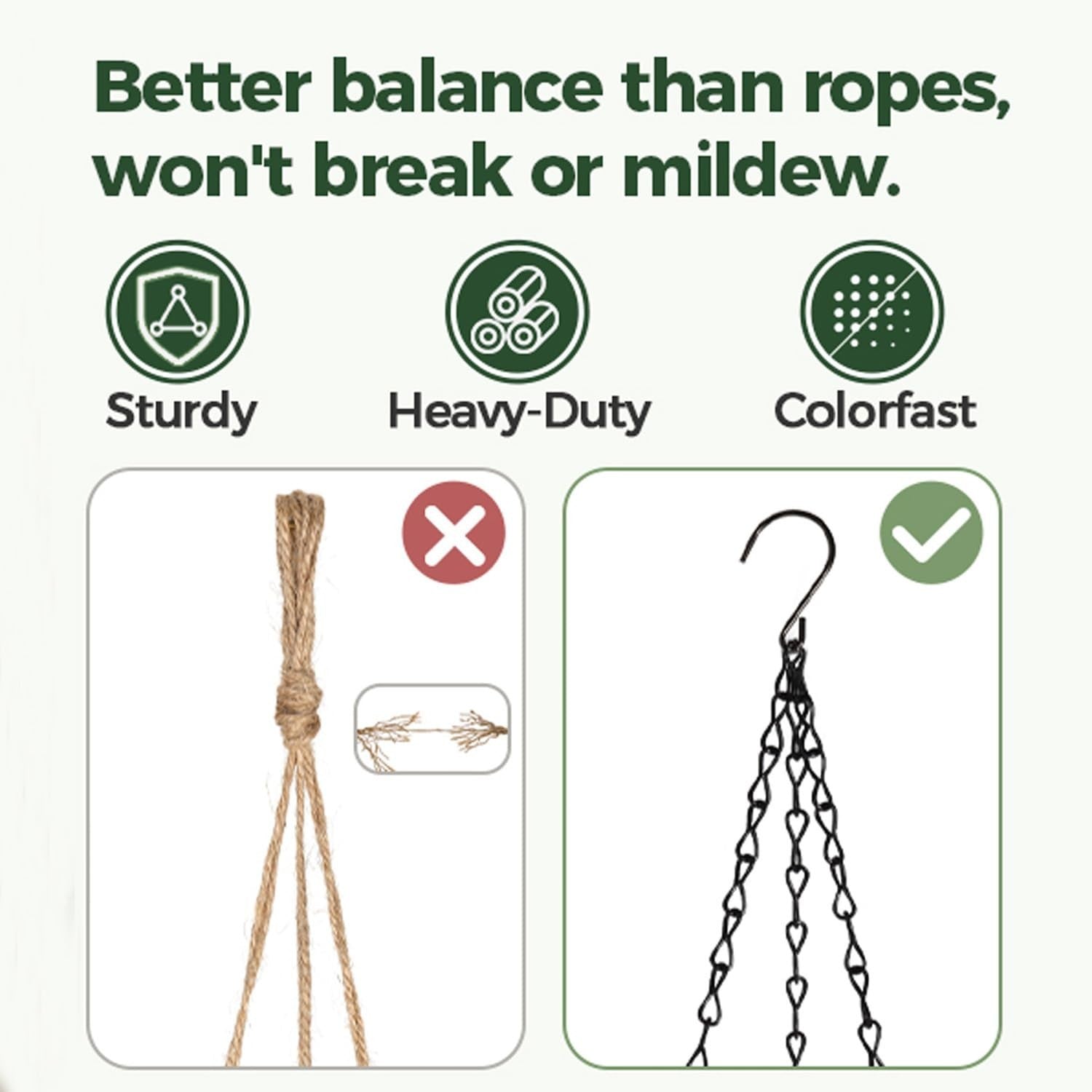 GoHooked hanging planter basket chain set comparison: rope vs metal chain. Shows sturdy, heavy-duty, colorfast features.