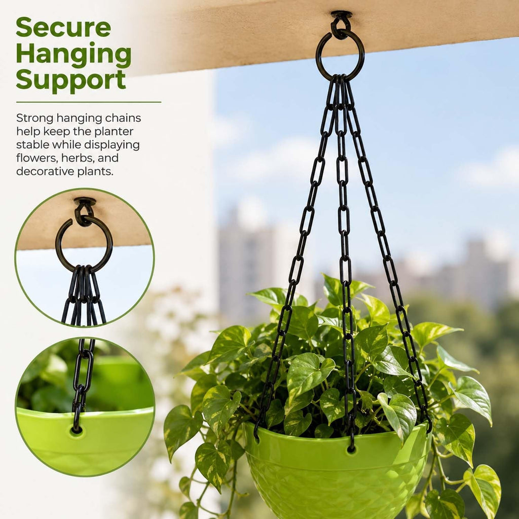 GoHooked hanging planter with a green faceted plastic pot and sturdy black triple-chain support for balcony plants.
