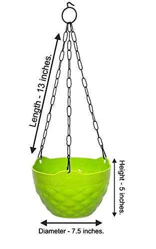 GoHooked multicolor diamond pattern plastic hanging planter with metal chain. 7.5 inch diameter, 5 inch height.