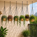 Go Hooked sandstone polymer hanging planter pots with metal chains, pack of 6, 7 inch round decorative pots for indoor/outdoor use.