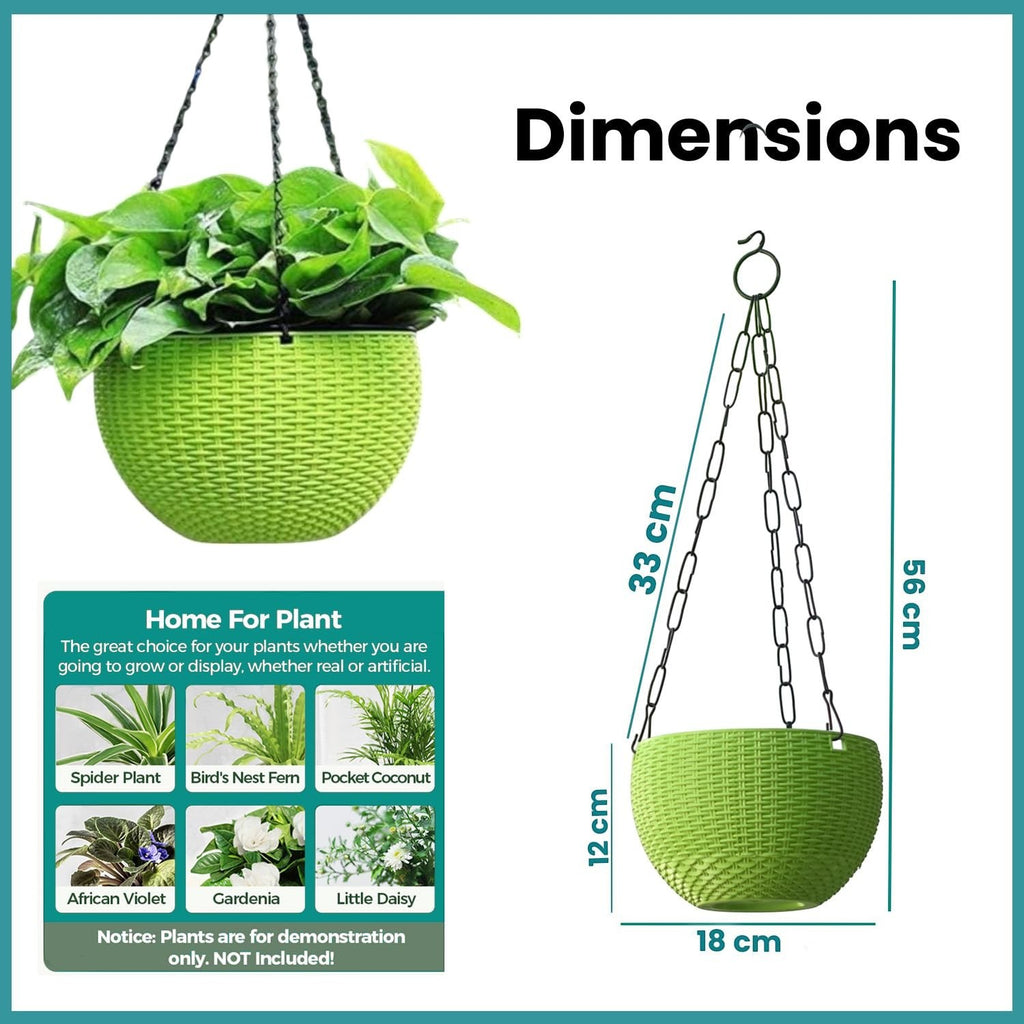 GoHooked Set of 3 multicolor plastic round hanging planters with woven texture. 7.1 inch diameter, 4.8 inch height.
