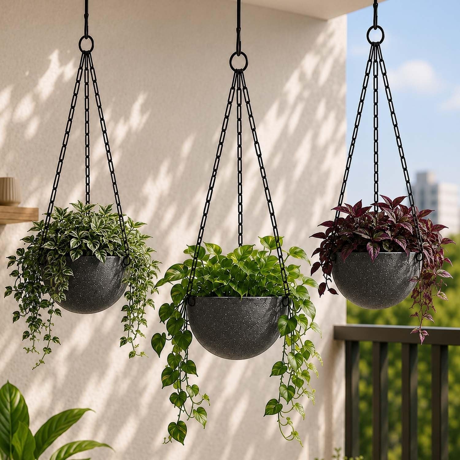 GoHooked set of 5 grey rattan-style hanging planters with chains, 7.1 inch diameter, UV-stabilized plastic.