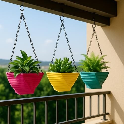 GoHooked set of 3 multicolor 9-inch square hanging planters with chains, holding various plants on a balcony.