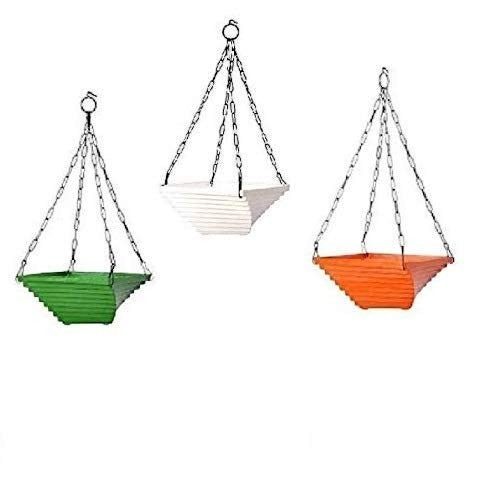 GoHooked multicolor 9-inch hanging planters, set of 3, made of virgin plastic and iron with chain hangers.