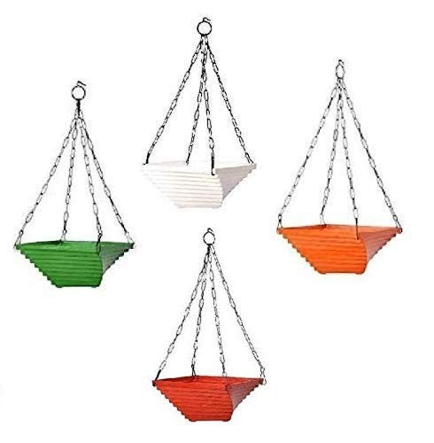 GoHooked multicolor 9-inch hanging planters, set of 4, made of virgin plastic and iron with chains.