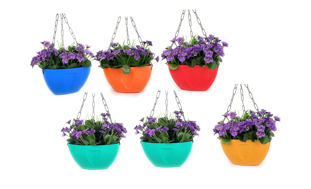 GoHooked multicolor plastic hanging planters with purple flowers. Set of 6, rust-resistant, Art Deco style.