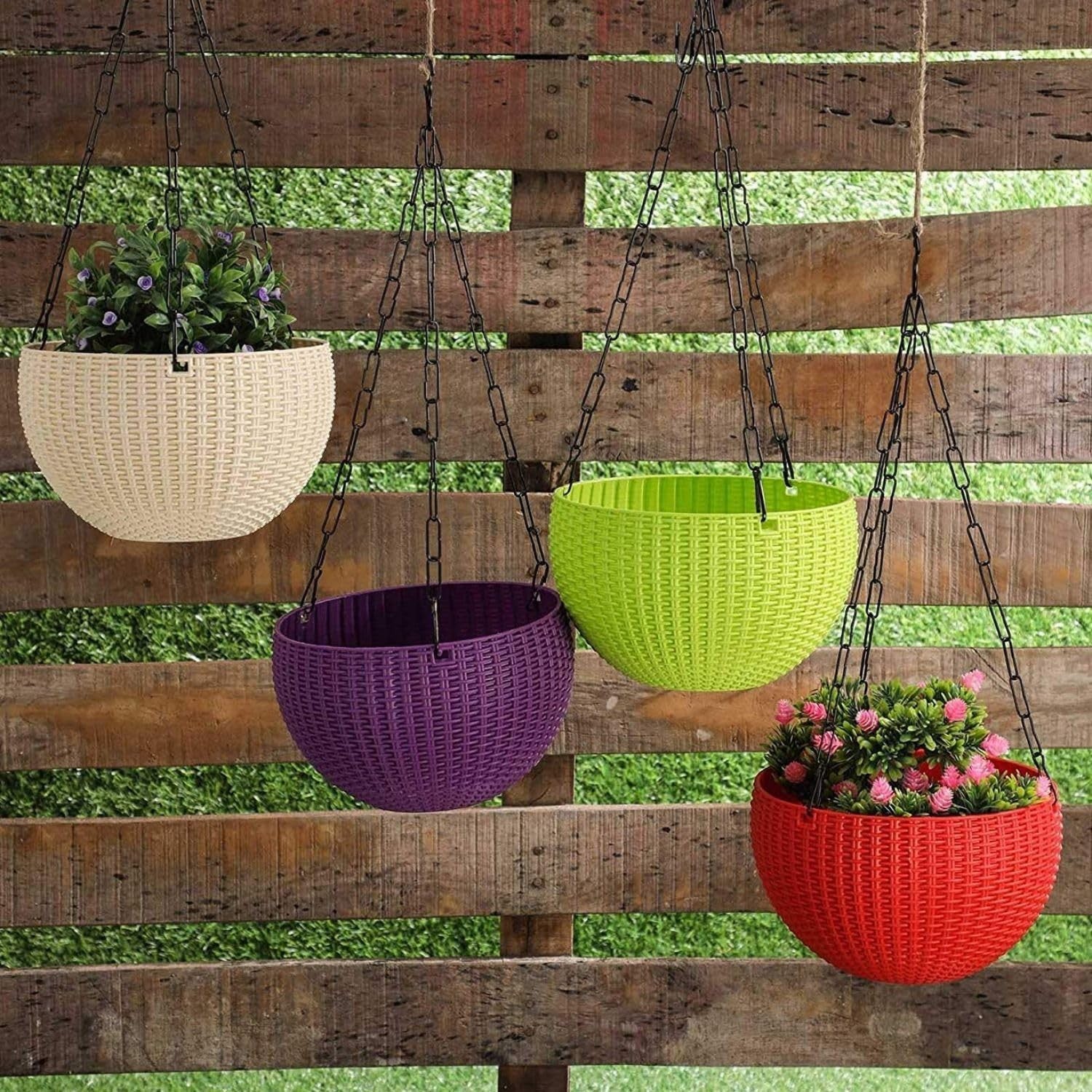 GoHooked multicolor plastic hanging planters with woven texture, 7.1 inch diameter, 4.8 inch height.