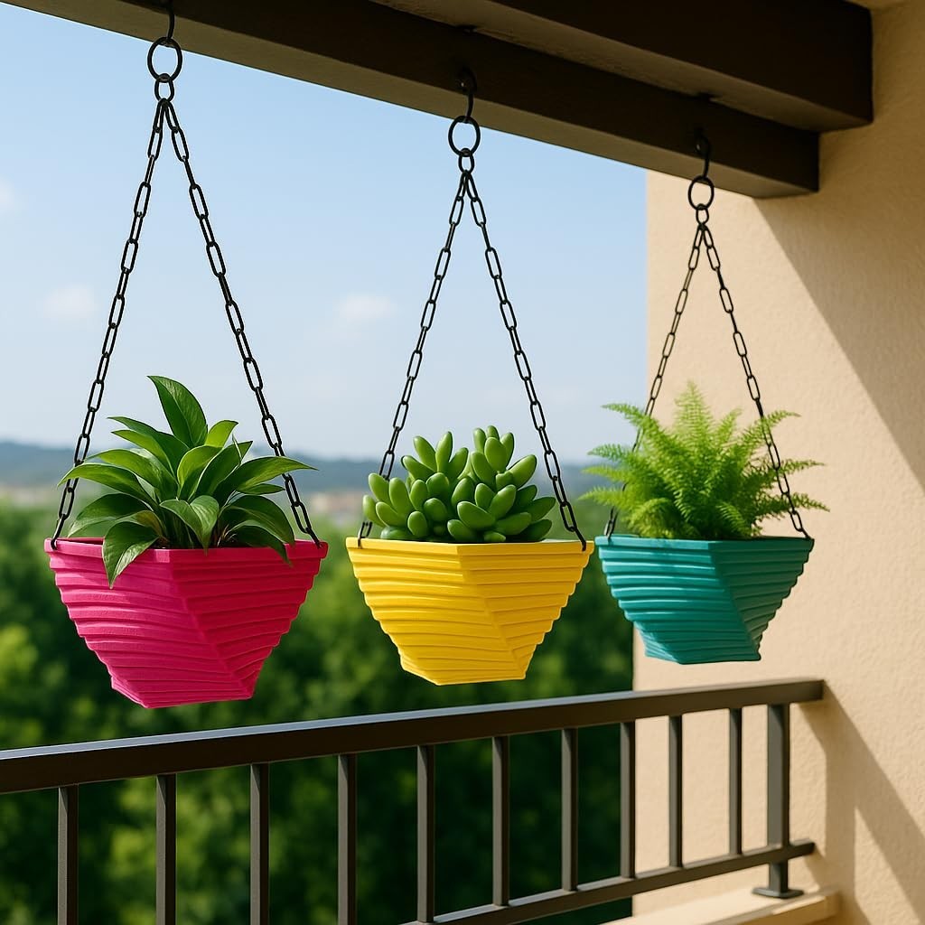 GoHooked set of 3 multicolor square plastic hanging planters, 9 inch, with black chains.