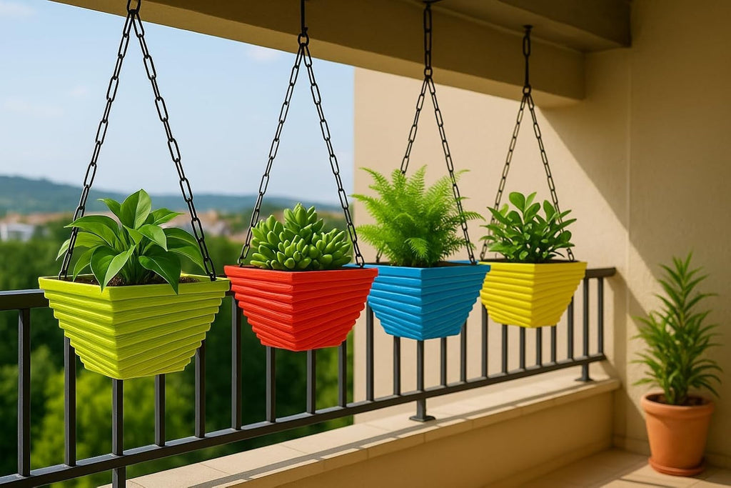 GoHooked multicolor plastic hanging planters, 9 inch, set of 6, with a modern twister design. Ideal for indoor/outdoor use.
