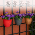 GoHooked multicolor unbreakable plastic hanging planters with purple flowers on a railing. Set of 5.