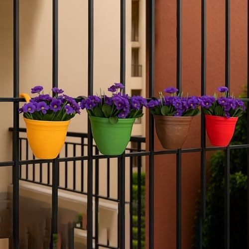 GoHooked multicolor set of 4 unbreakable plastic hanging planters with purple flowers on a black railing.