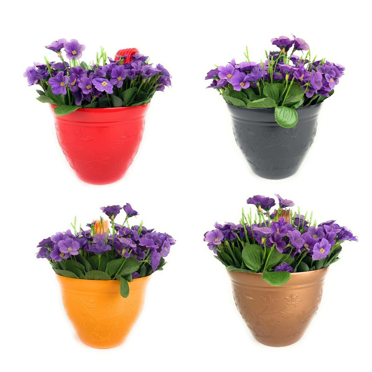 GoHooked multicolor set of 4 unbreakable plastic hanging planters with purple flowers. Ideal for balcony railings and home gardening.